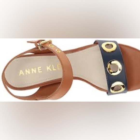 EUC Anne Klein Ellamae Blue & Tan Leather Block Heel Gold Grommet Sandal - Picture 13 of 14